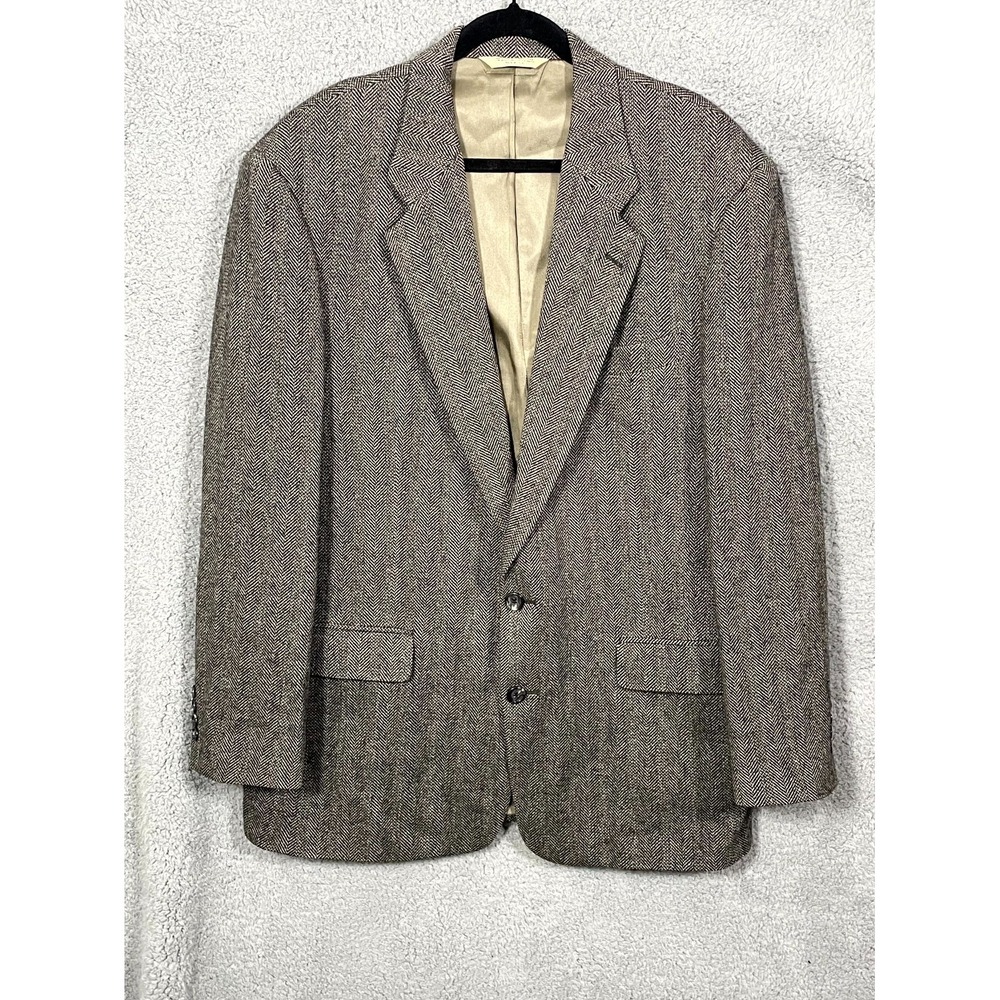 Vtg Evan Picone Blazer Jacket Men 46R Gray Herringbone Pure Wool Formal Academia